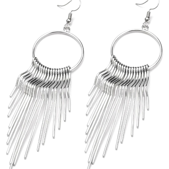 Silver Metal Tassel Hoop Earrings - Picture 1 of 4
